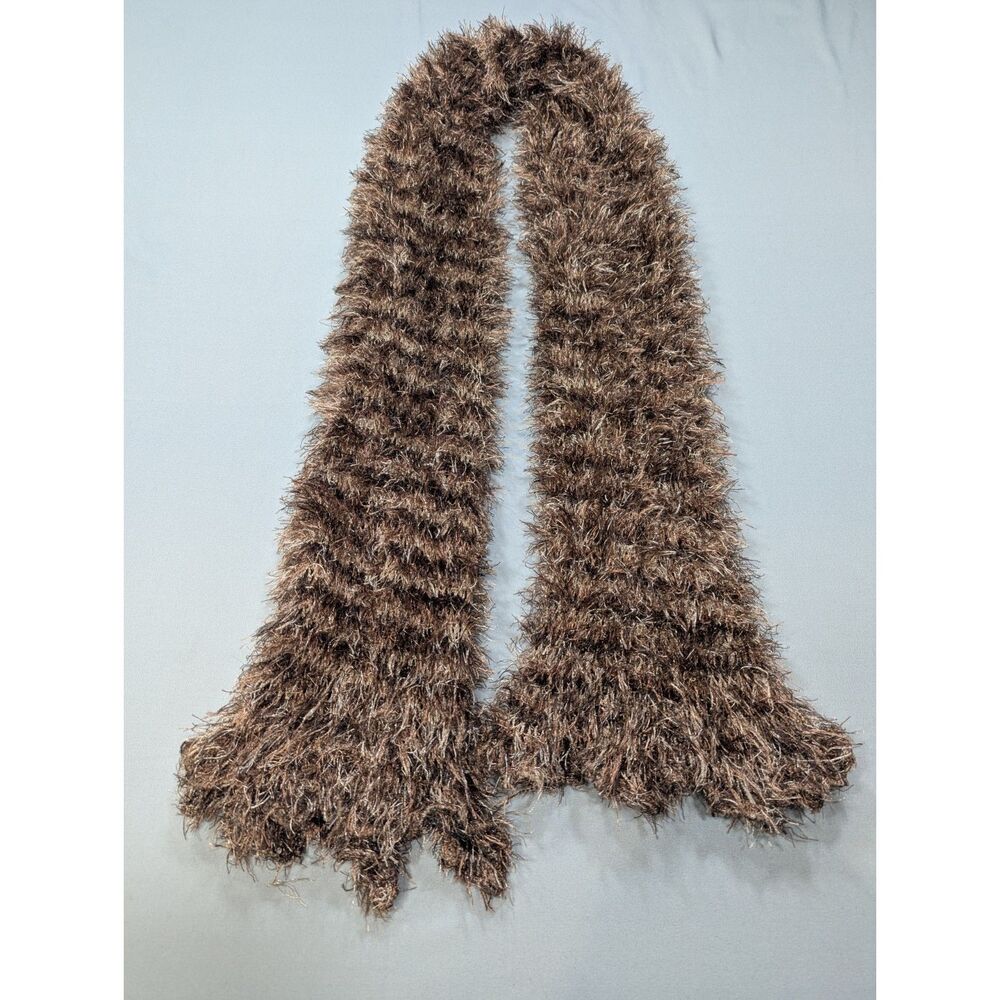 Brown Shaggy Eyelash Knit Scarf Textured Fuzzy Fringe Boho Y2K